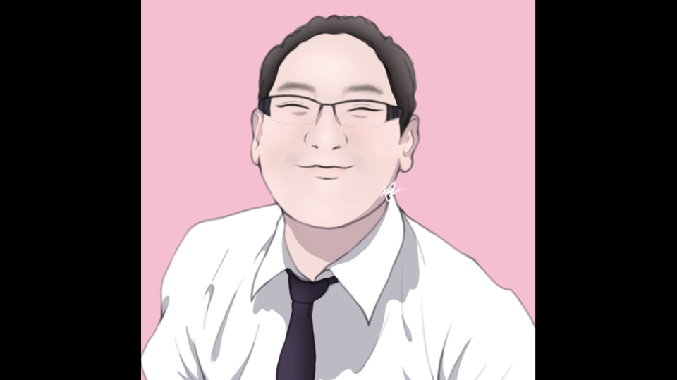 รับวาดรูปการ์ตูนสไตล์อนิเมะ ชายหนุ่มผมสีดำ ใส่แว่นตา ยิ้มแย้ม