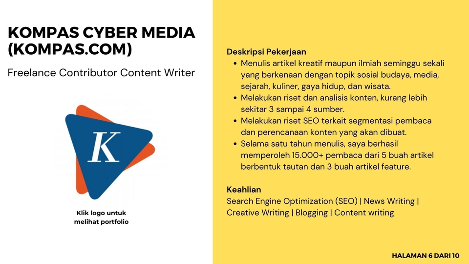 Jasa penulis konten freelance untuk platform media online Kompas.com.