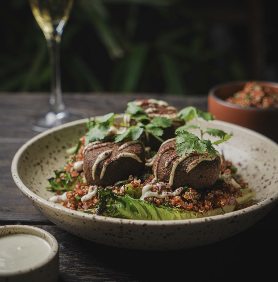 Jasa fotografi makanan dengan latar belakang alam hijau, menampilkan makanan lezat seperti falafel dengan hiasan daun ketumbar dan salad.