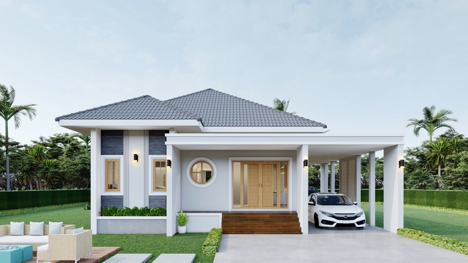 ภาพ 3D โมเดลบ้านสวย สไตล์โมเดิร์น พร้อมระเบียง  รับออกแบบ 3D perspective