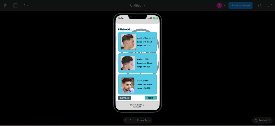 Desain UI UX mobile app untuk pemesanan potong rambut dengan fitur pilihan model dan informasi harga.