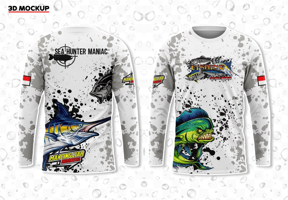 Desain kaos distro dengan motif ikan marlin dan ikan pari untuk pria