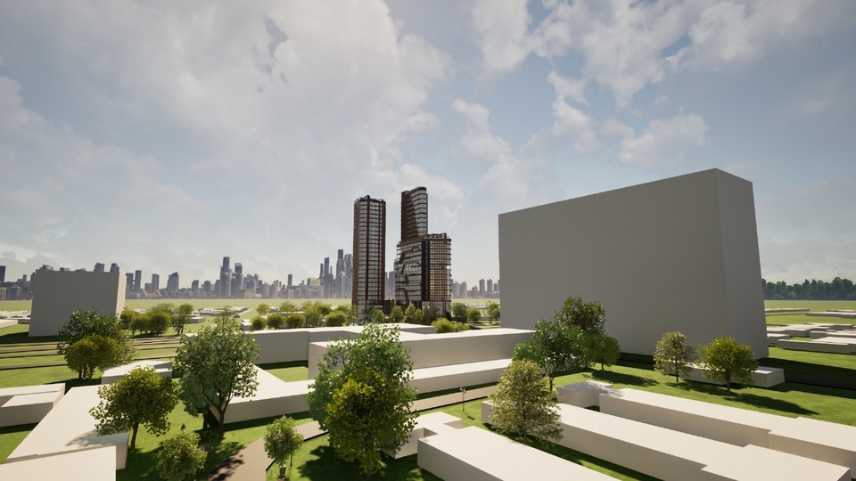 Jasa desain arsitektur 3D untuk desain eksterior apartemen modern dengan kolam renang dan taman.