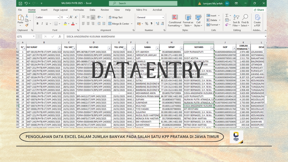 Jasa data entry excel untuk pengolahan data jumlah banyak di salah satu KPP Pratama di Jawa Timur