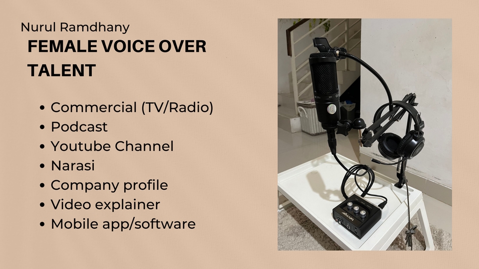 Jasa pengisi suara wanita untuk iklan, video, podcast dan narasi dengan harga terjangkau.