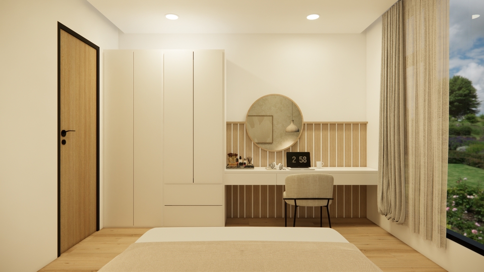 Jasa Desain Interior Rumah Minimalis Modern dengan Desain Kamar Tidur Mewah dan Meja Rias 3D