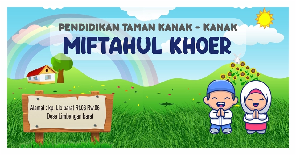 Desain Spanduk Taman Kanak Kanak Miftahul Khoer dengan Logo Unik dan Informasi Alamat