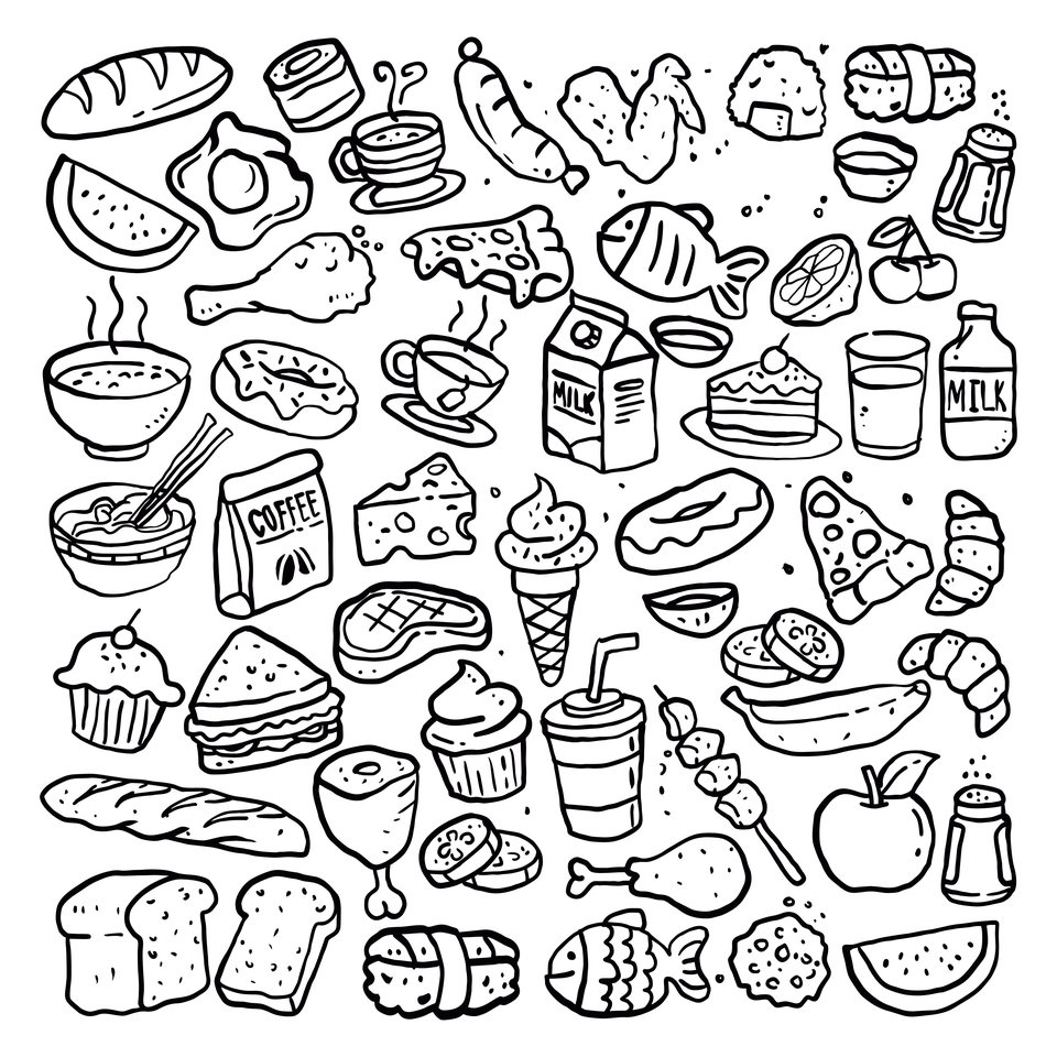 Ilustrasi gambar berbagai makanan dan minuman, seperti buah-buahan, minuman, makanan ringan, dan lain-lain. cocok untuk ilustrasi desain menu makanan dan minuman, desain kartu ucapan, desain stiker, dan desain lainnya.