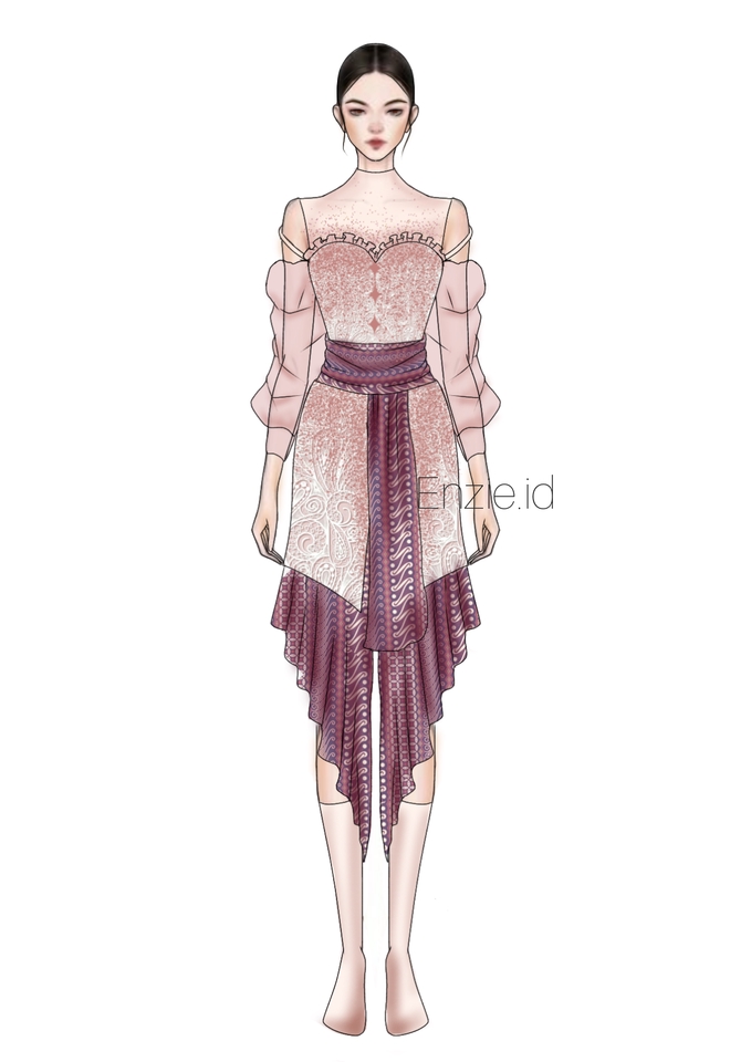 Desain baju pesta wanita dengan detail brokat dan model asimetris.