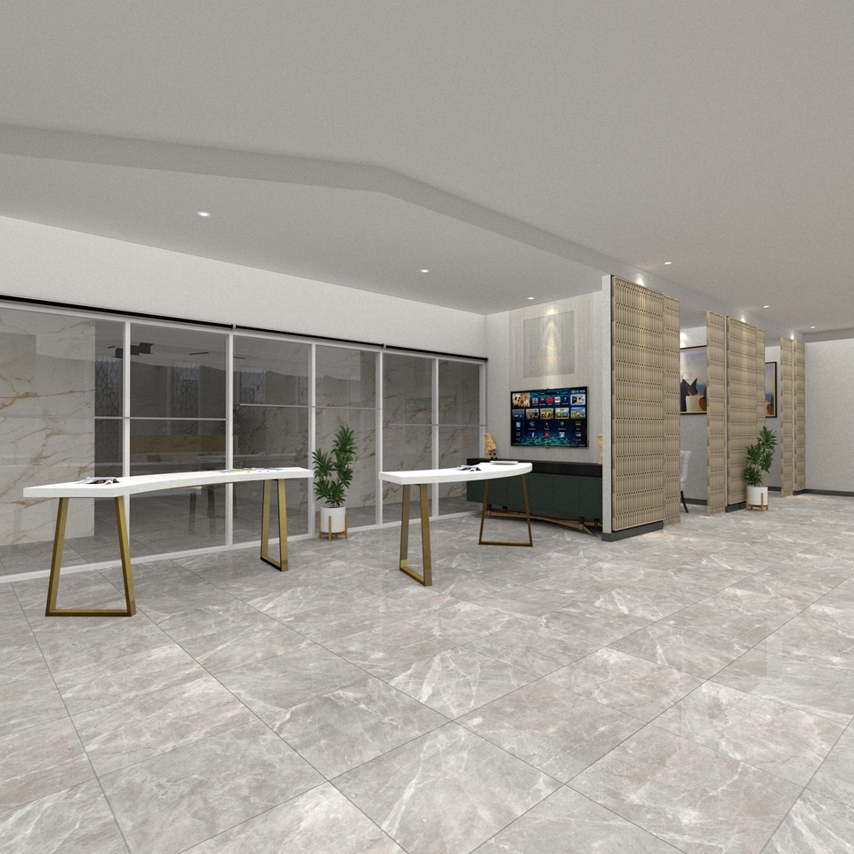 Desain interior kantor minimalis dengan meja kerja dan rak buku, cocok untuk bisnis freelance.