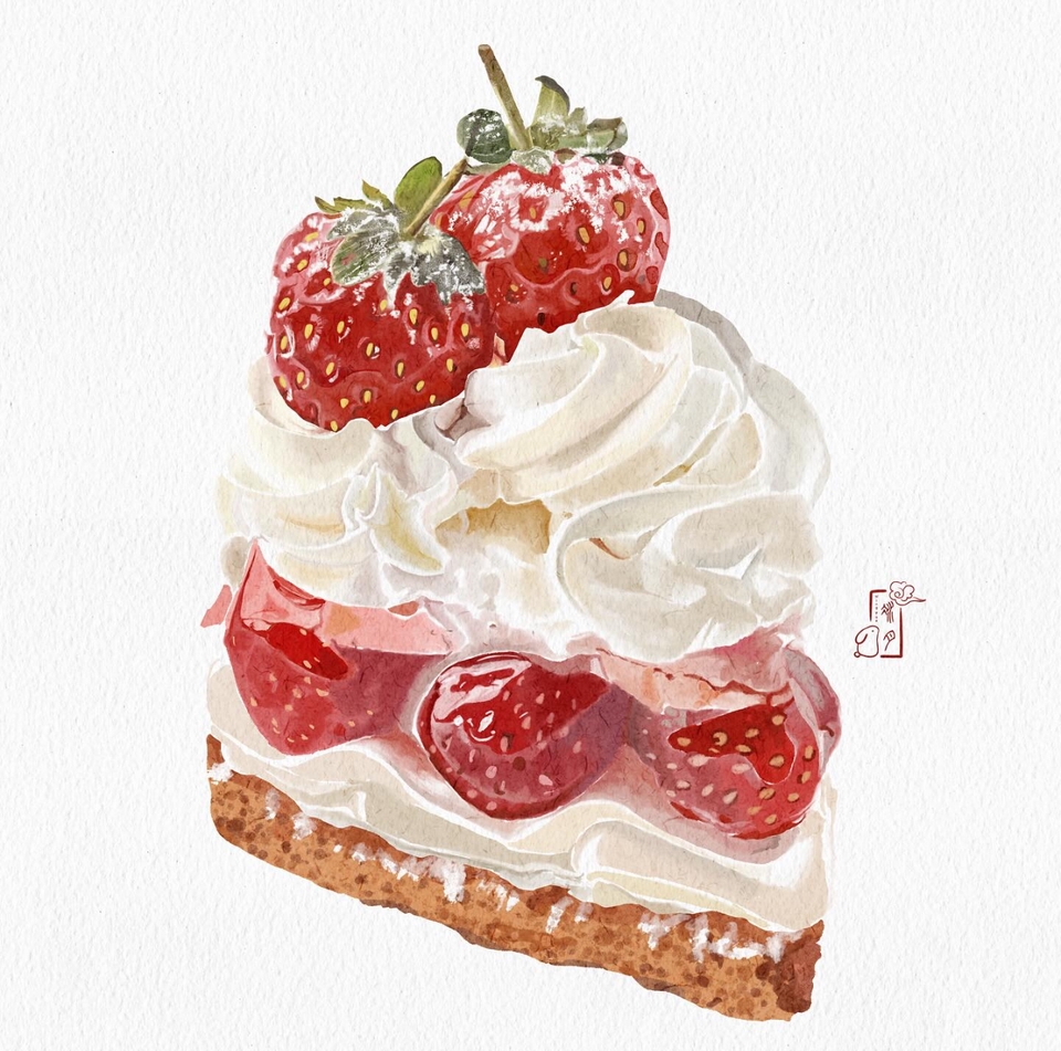 วาดภาพประกอบเค้กสตรอว์เบอร์รีน่ารัก รับวาดภาพดิจิตอลเพ้นท์ วาดภาพประกอบอาหาร