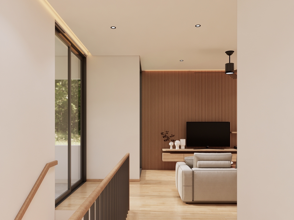 Desain lemari TV minimalis dengan rak dinding dan kursi kayu di ruang tamu modern