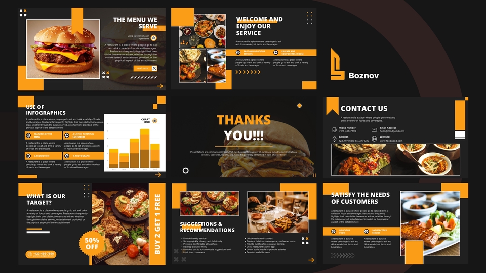 Desain presentasi template untuk restoran makanan cepat saji dengan tema kuning dan hitam. Jasa desain powerpoint, membuat slide presentasi, desain presentasi, jasa presentasi powerpoint.