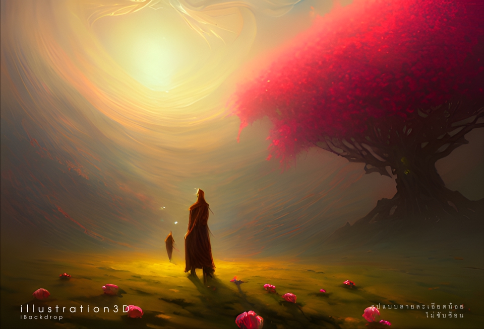 รับวาดภาพประกอบดิจิตอล เพ้นท์ ภาพประกอบแนวแฟนตาซี ต้นไม้ใหญ่ คน ท้องฟ้า สีสันสวยงาม งานวาดมือ