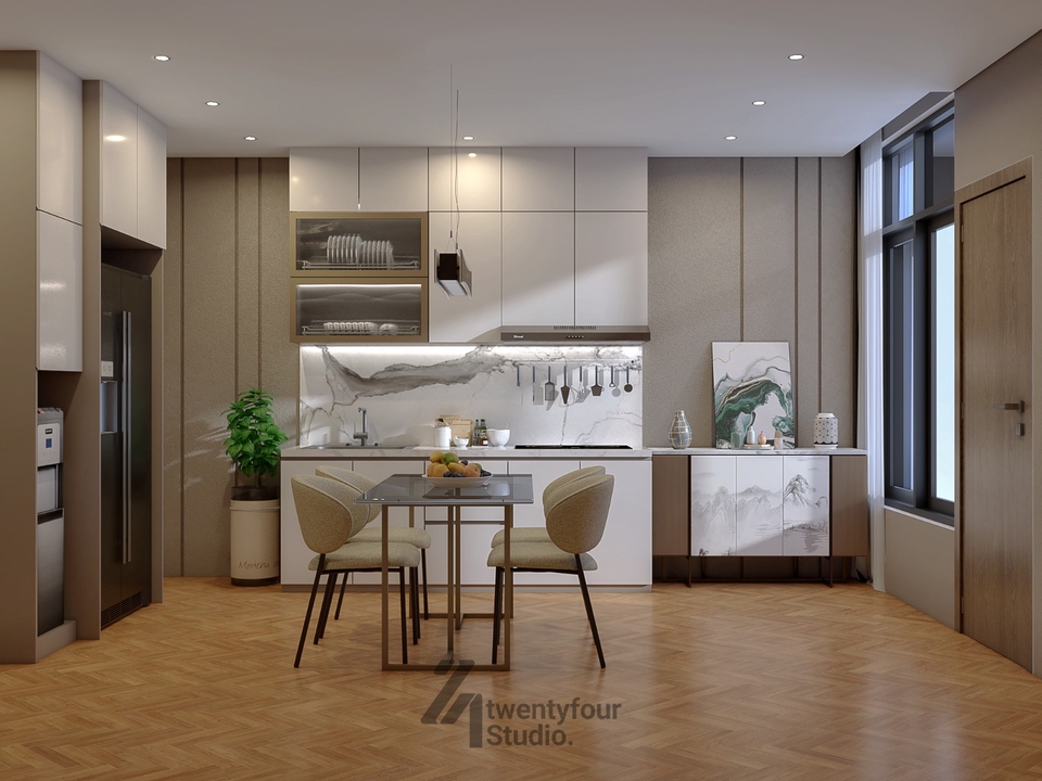 Desain interior minimalis untuk apartemen studio dengan kitchen set dan meja makan.