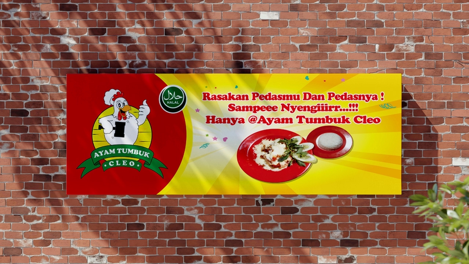 Spanduk Ayam Tumbuk Cleo, desain spanduk restoran, promo ayam tumbuk, desain spanduk makanan, spanduk promo makanan, desain spanduk unik, desain spanduk online.
