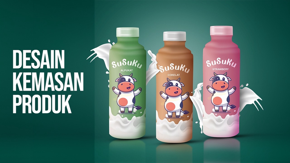 Desain kemasan susu kotak dengan gambar sapi kartun lucu, untuk branding produk makanan minuman