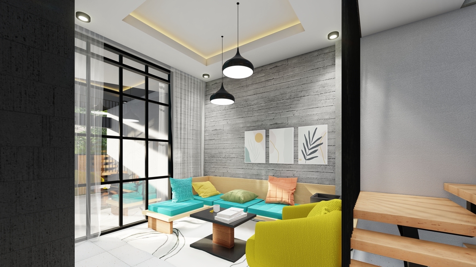Jasa desain interior rumah minimalis modern dengan sentuhan warna netral dan furniture kayu.