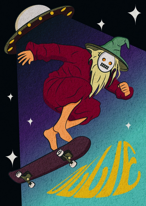 Ilustrasi digital seorang pria berjubah dan topi merah dengan masker tengkorak sedang berselancar dengan skateboard di tengah langit dan bintang-bintang.