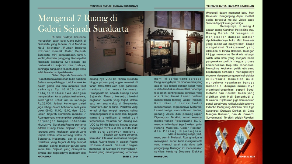 Gambar ini menampilkan informasi tentang sejarah Galeri Sejarah Surakarta yang berisi informasi tentang 7 ruang di dalam galeri. Galeri ini menampilkan cerita mengenai berbagai ruang yang memiliki sejarah penting bagi sejarah Surakarta. Anda dapat melihat foto interior ruang pameran dan foto ruang lainnya, serta teks penjelasan mengenai detail tentang setiap ruang dan koleksinya.
