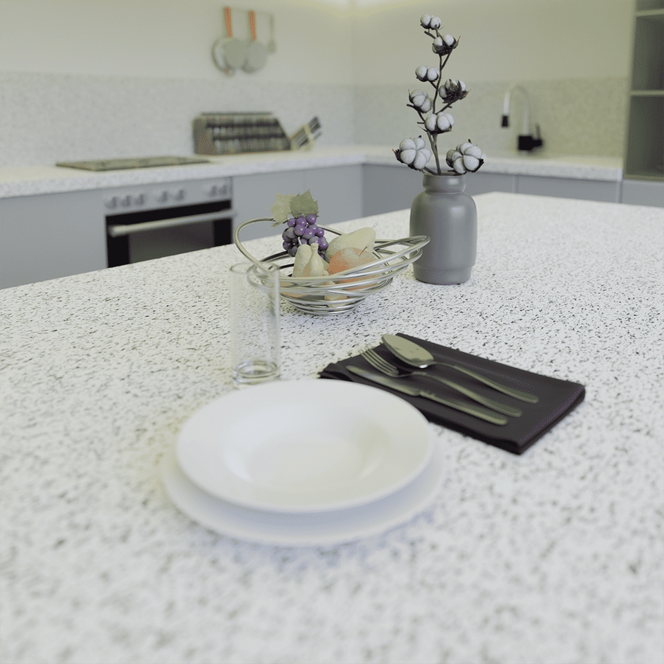 Desain meja makan minimalis dengan desain rak dinding berwarna putih untuk rumah modern.