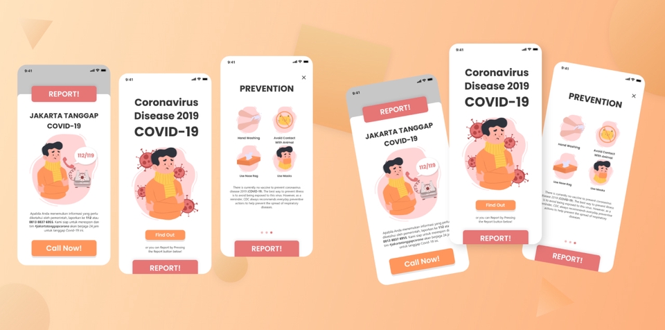 Desain UI UX aplikasi mobile untuk laporan COVID-19 dengan tampilan modern dan minimalis, desain aplikasi ui ux, jasa desain ui ux, freelance ui ux, membuat desain mockup website, harga desain ui ux.