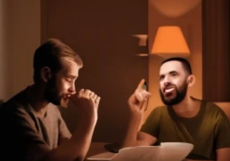Two men talking at a table. Man on the left is thoughtful and pensive, the man on the right is animated. They look like friends and are probably talking about a personal topic. This can be used for freelance services like career coaching, relationship advice, or even spiritual counselling.