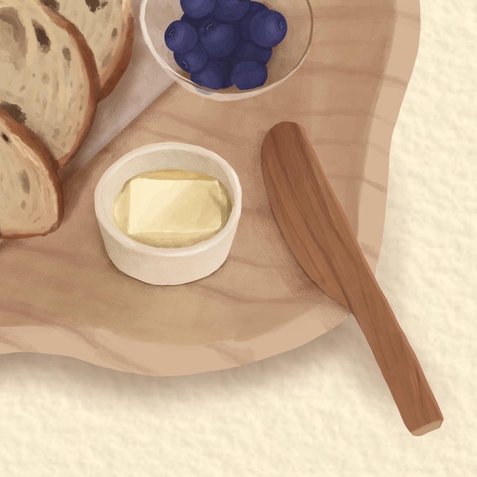 ภาพประกอบรับวาดภาพประกอบแบบดิจิตอล น้ำมัน เนย ขนมปัง บลูเบอร์รี่