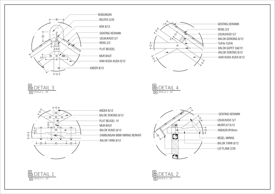 Jasa drafter autocad freelance desain detail atap rumah dengan berbagai jenis konstruksi.