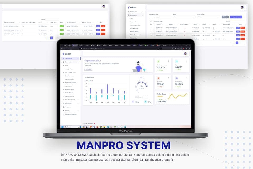 Jasa pembuatan website professional dan website custom untuk perusahaan, dengan fitur monitoring keuangan dan pembuatan otomatis.