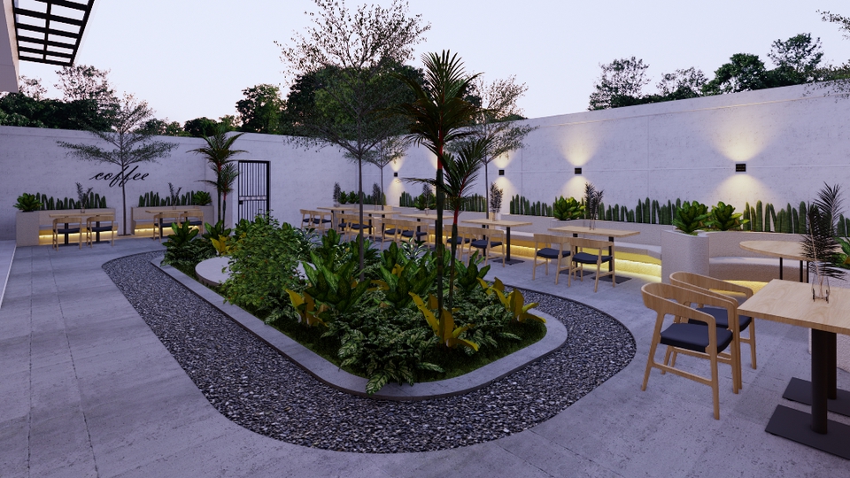 Jasa desain cafe minimalis modern dengan taman hijau dan meja kursi kayu untuk ruang makan di cafe.