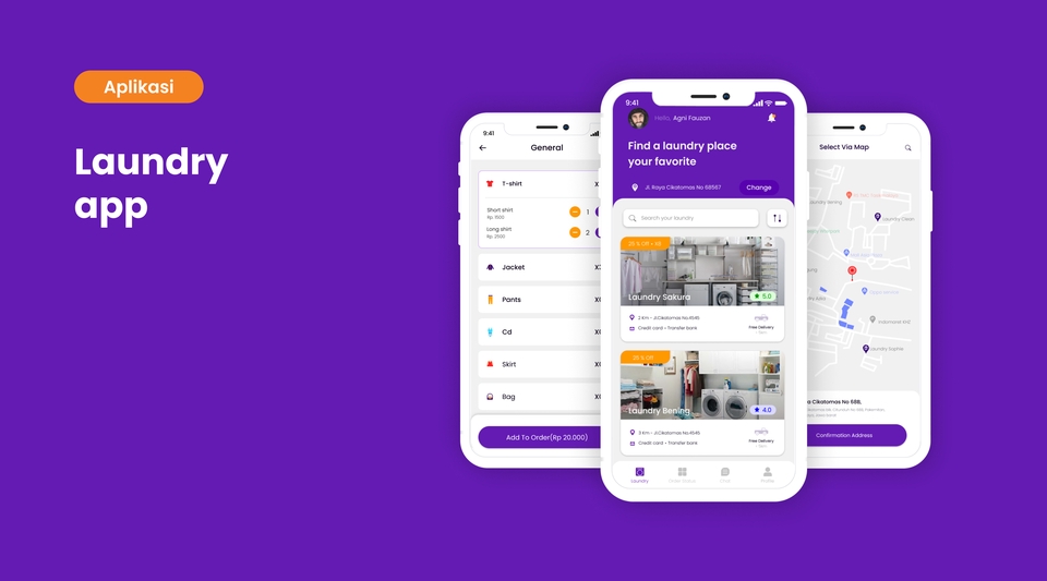Desain UI UX aplikasi mobile laundry untuk menemukan tempat cuci terdekat.