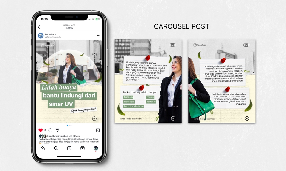 Jasa desain banner Instagram untuk promosi produk dengan desain yang keren dan unik. Desain banner Instagram dengan background hijau dan gambar wanita menggunakan produk.