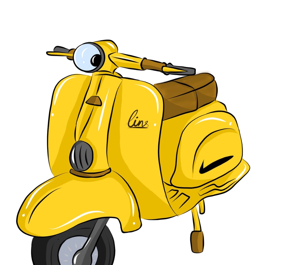 Jasa ilustrasi sketsa kartun lucu motor kuning