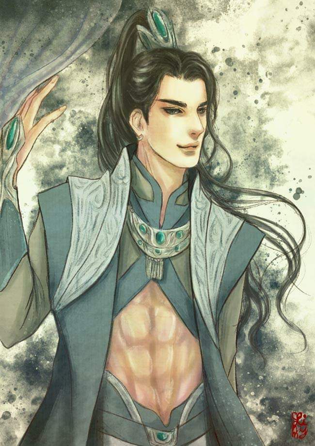 รับวาดรูป ดิจิตอลเพ้นท์ ภาพประกอบ ชายหนุ่มหล่อ แต่งกายด้วยเสื้อผ้าสีน้ำเงินเข้ม และผ้าคลุมสีขาว ประดับด้วยอัญมณีสีเขียว บนพื้นหลังสีน้ำเงิน