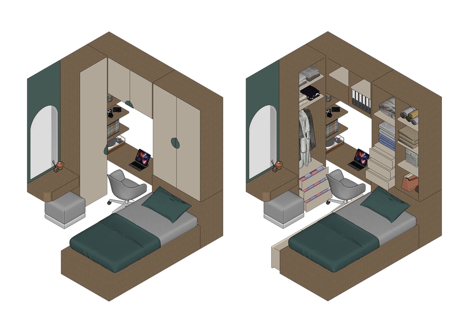 Jasa drafter freelance untuk desain interior kamar tidur dengan lemari dan meja kerja
