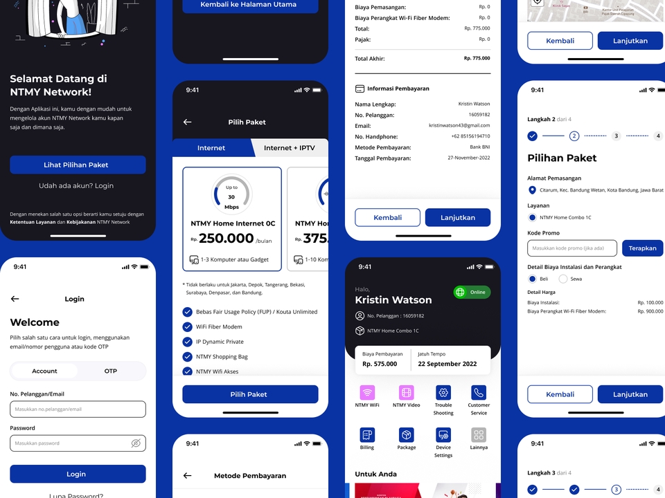 Desain aplikasi mobile UI UX untuk platform layanan internet rumah.