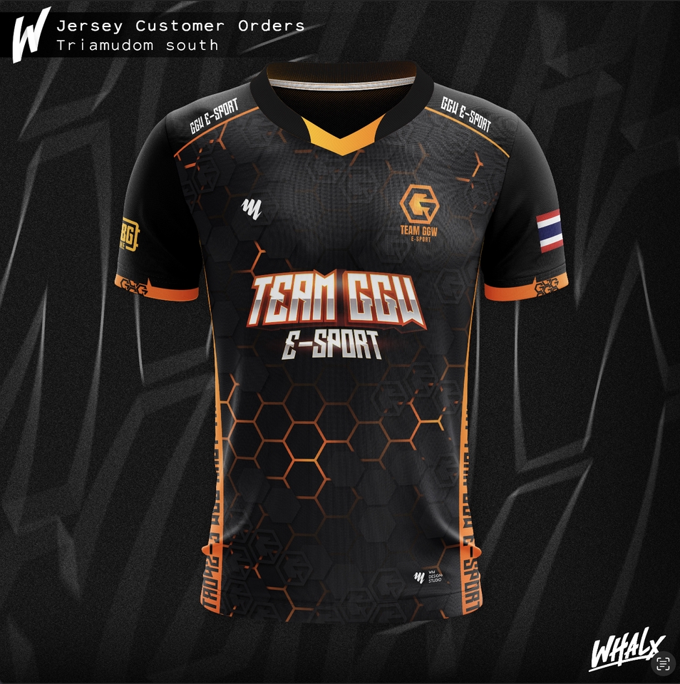 รับสกรีนเสื้อกีฬา เสื้อฟุตบอลทีม GGU สีดำสกรีนลาย สีส้ม สีเหลือง E-sport