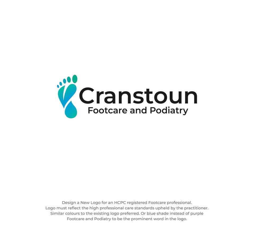 Desain logo untuk bisnis perawatan kaki, Cranstoun Footcare and Podiatry, dengan gambar jejak kaki biru dan hijau.