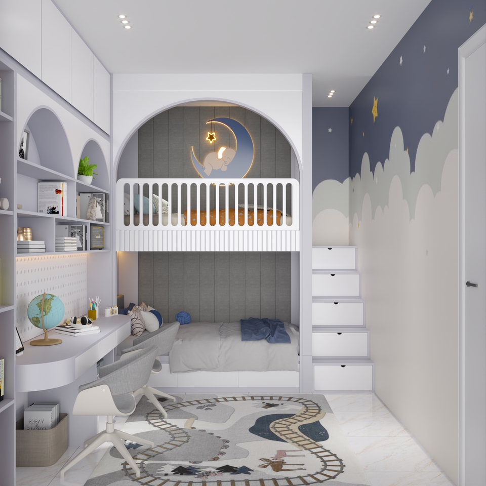 Desain interior kamar anak minimalis dengan tempat tidur bertingkat dan meja belajar, jasa desain interior rumah