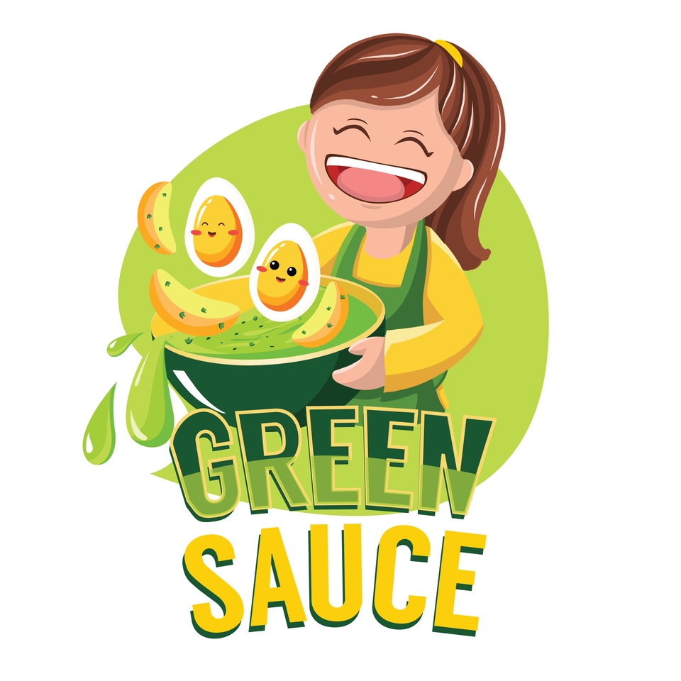 Desain logo makanan hijau dengan karakter lucu dan tagline "Green Sauce"