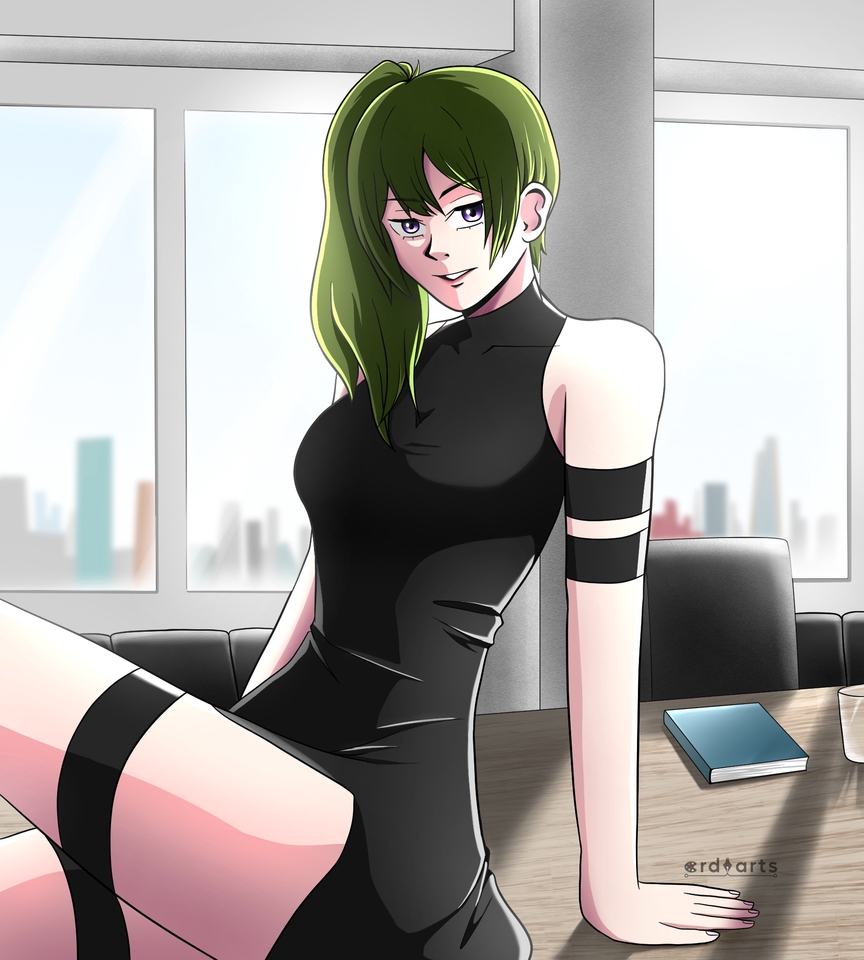 Ilustrasi wanita berambut hijau dengan baju hitam sedang duduk di kursi dan melihat ke kamera.