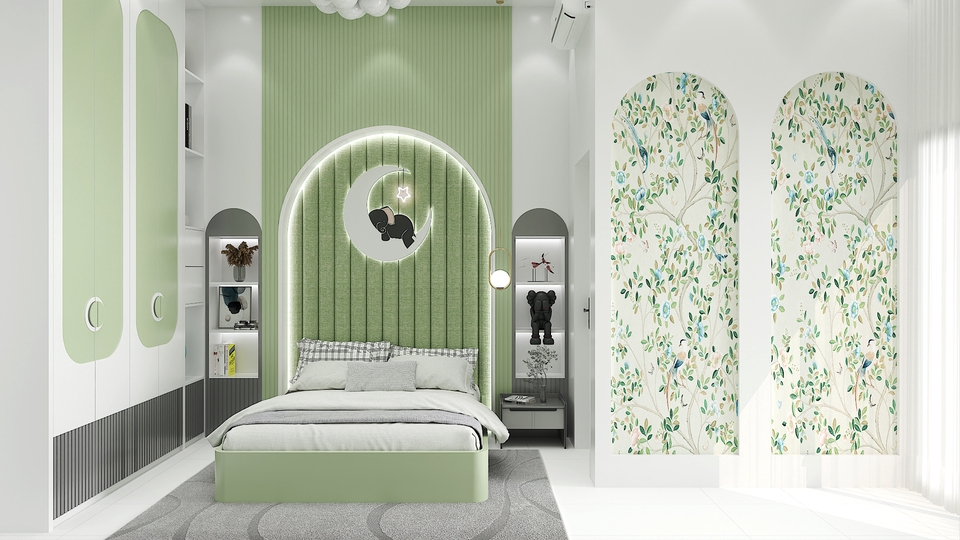 Desain interior kamar tidur anak minimalis dengan tema bulan dan bintang, cocok untuk jasa desain interior rumah di Indonesia.