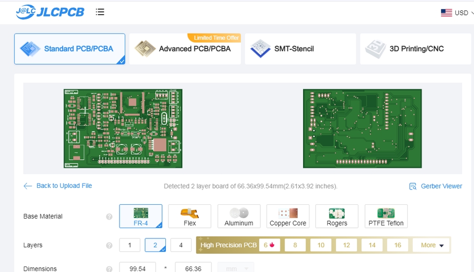 Jasa Pembuatan Board PCB dengan 2 layer dan FR-4 base material  dengan desain layout PCB yang telah dirouting