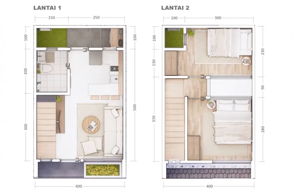 Desain denah rumah 2 lantai dengan desain interior minimalis modern.