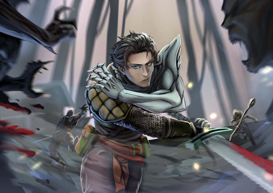 ออกแบบตัวละครสไตล์ญี่ปุ่น คาแรคเตอร์ชายผมดำ แต่งกายด้วยชุดนักรบ