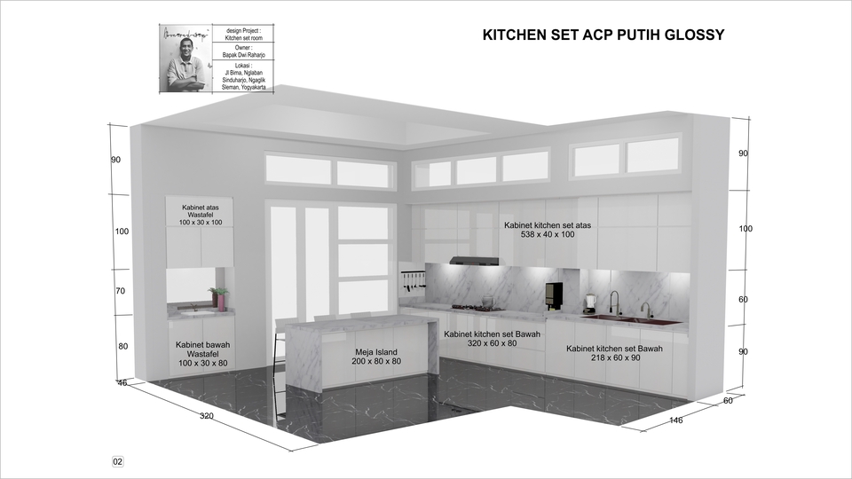 Desain dapur minimalis modern ACP putih glossy; jasa desain kitchen set 3D, lemari dapur