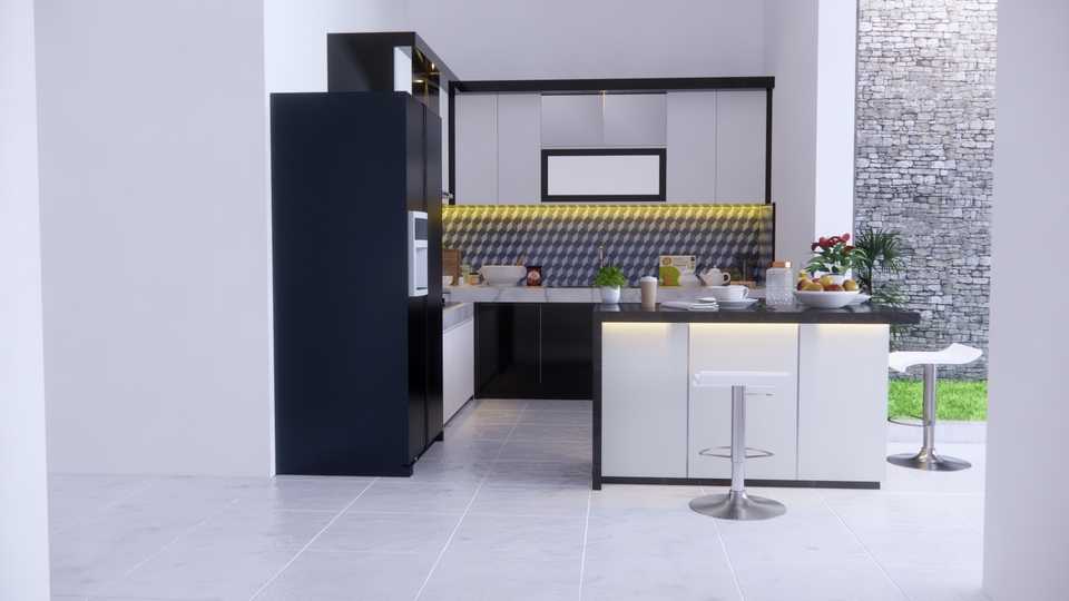 Desain interior minimalis dengan lemari dapur modern dan meja bar.