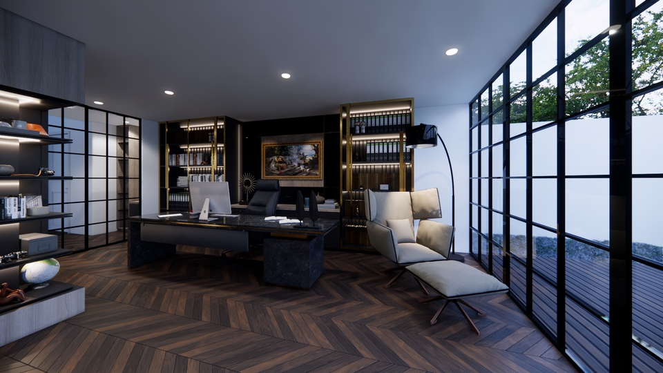 Jasa desain interior kantor minimalis modern dengan interior kayu dan jendela kaca besar.