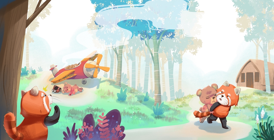 Ilustrasi kartun lucu hewan panda, kelinci, dan burung di hutan dengan pesawat terbang